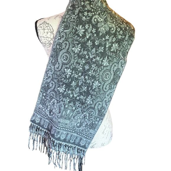 Old Money100% Cashmere Made In Scotland Wrap Mixed Grays Paisley Fringe Scarf - Picture 4 of 8